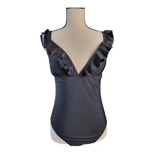 💕J. Crew Black Ruffled Plunging V-Neck One Piece swimsuit Size M